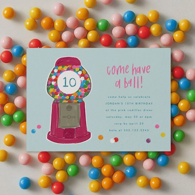 Invitation Machine à gumball rose bonbons Bubble gomme Annive (Pink Gumball Machine Candy Bubble Gum Birthday Invitation)