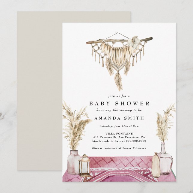 Invitation Macrame Boho Chic Rustic Girl Baby shower (Devant / Derrière)