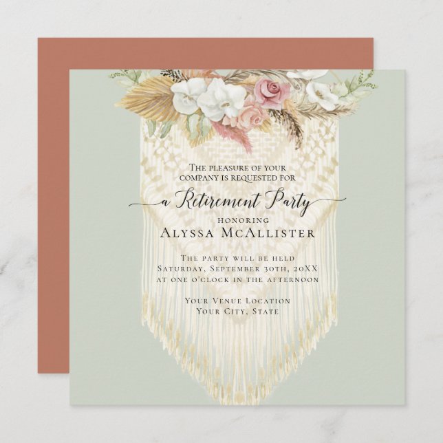 Invitation Macrame BOHO Floral Pampas Retraite de la laiton r (Devant / Derrière)