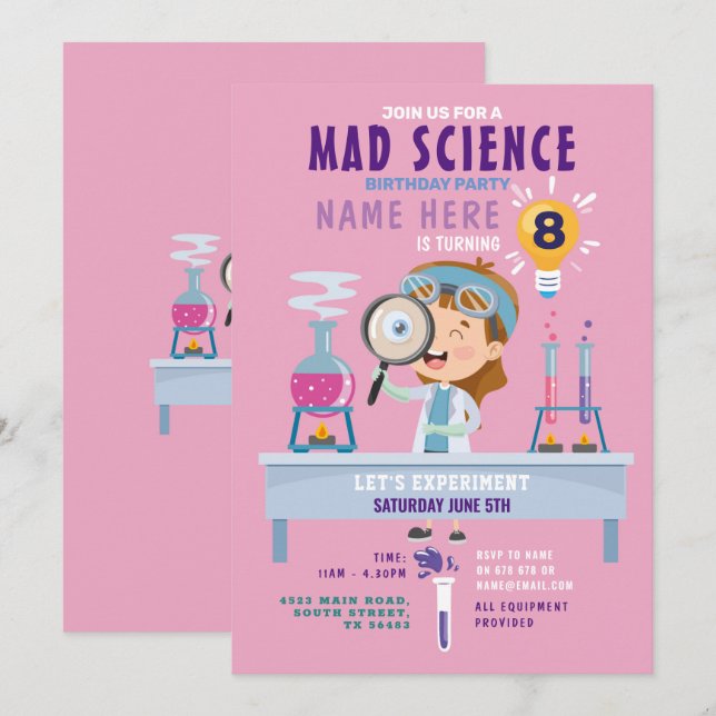 Invitation Mad Science Anniversaire Fête Expérience Filles (Devant / Derrière)