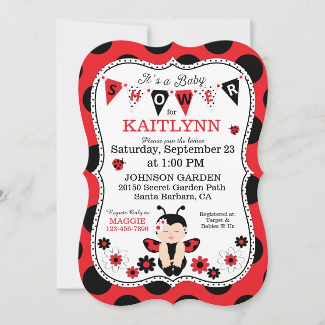 Invitation Madame Bug Baby et baby shower à pois de fleurs (Devant)