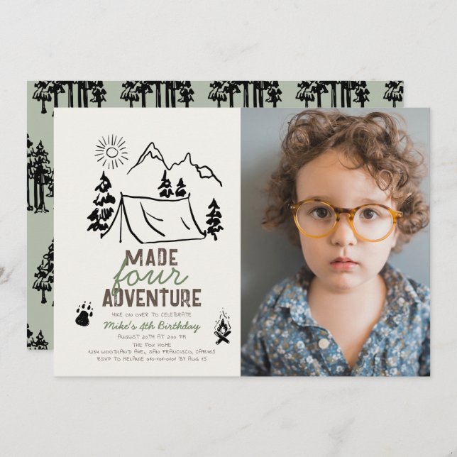Invitation Made Four Adventure Camping Photo Boy 4e anniversa (Devant / Derrière)