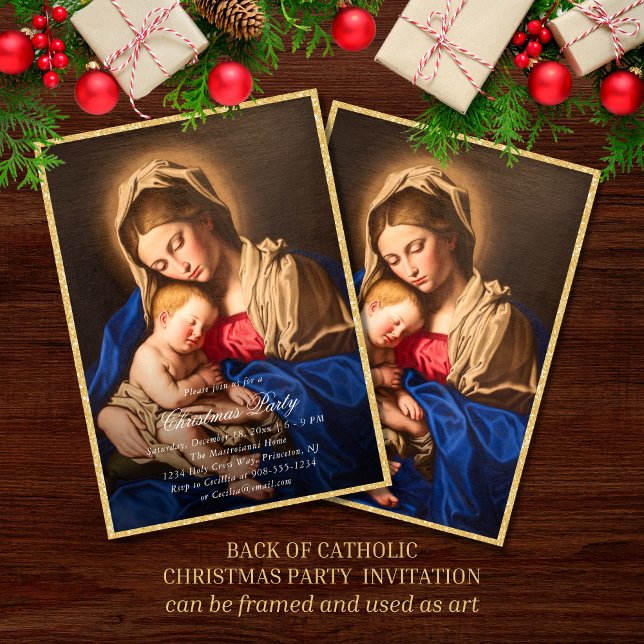 Invitation Madonna et l'enfant Fête de Noël religieuse (Religious Christmas party invitation with Madonna and Child in red and gold for Catholics)