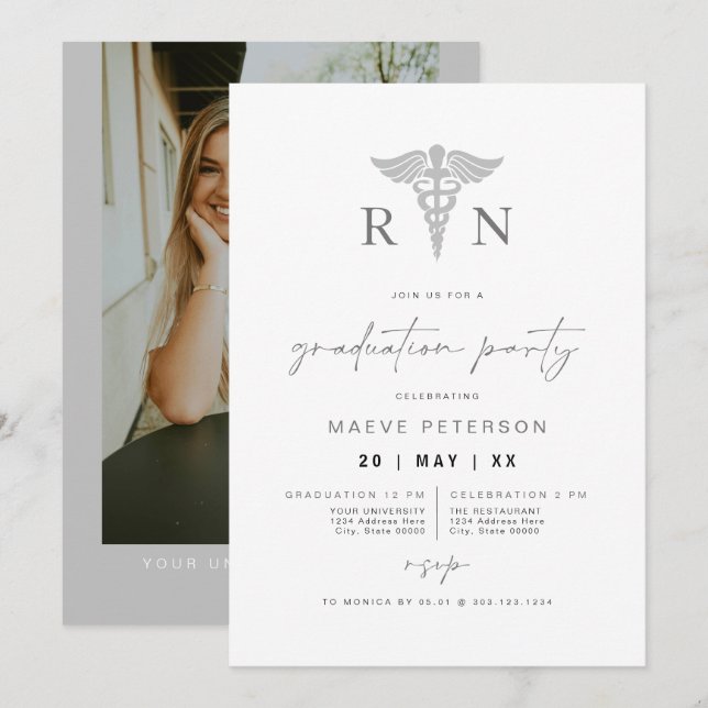 Invitation MAEVE Silver Grey Médicale RN Nurse Graduation (Devant / Derrière)