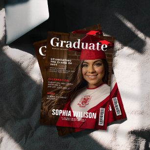 Invitation magazine casquette rouge et blanc diplômé en photo