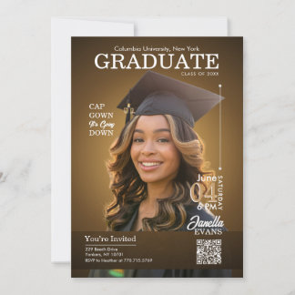 Invitation Magazine Cover Graduation Cap Gown Gold