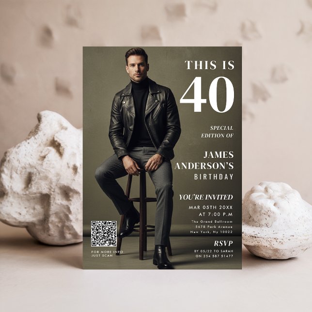 Invitation Magazine Cover Photo Mens 40th Birthday QR Code (Créateur téléchargé)