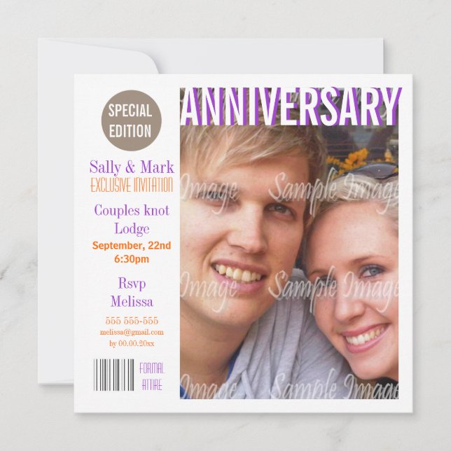 Invitation Magazine d'anniversaire violet orange PERSONNALISE (Devant)