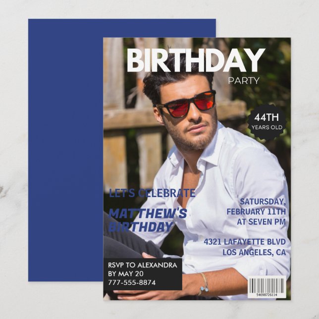 Invitation Magazine Marine bleu Photo Funny 44e anniversaire (Devant / Derrière)