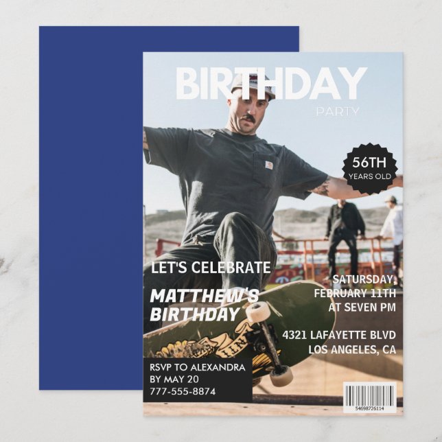 Invitation Magazine Marine bleu Photo Funny 56e anniversaire (Devant / Derrière)