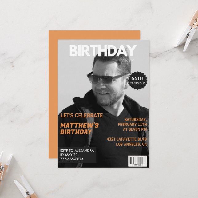 Invitation Magazine noir et blanc Éditorial 66e anniversaire (Devant/Arrière en situation)
