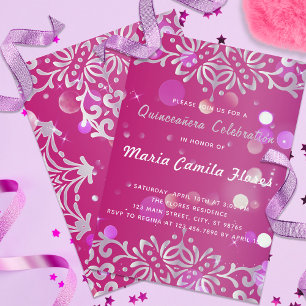 Invitation Magenta Et Argent Élégant Chimmery Quinceañera
