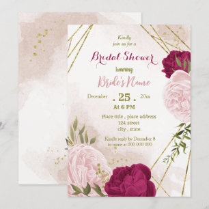 Invitation magenta fleurs roses vert feuille douche nuptiale