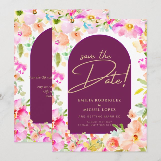 Invitation Magenta Floral Mariage (Devant / Derrière)