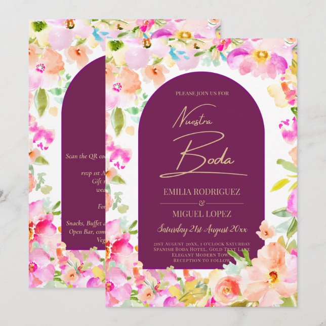 Invitation Magenta Floral Mariage (Devant / Derrière)