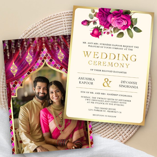 Invitation Magenta Gold Floral Indian Hindu Photo Mariage (Créateur téléchargé)