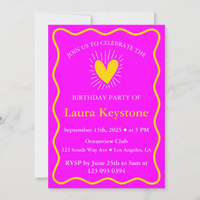 Invitation Magenta & Gold Luxueux Anniversaire Rétro (Devant)