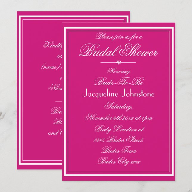 Invitation Magenta moderne Nom Script RSVP Fête des mariées c (Devant / Derrière)