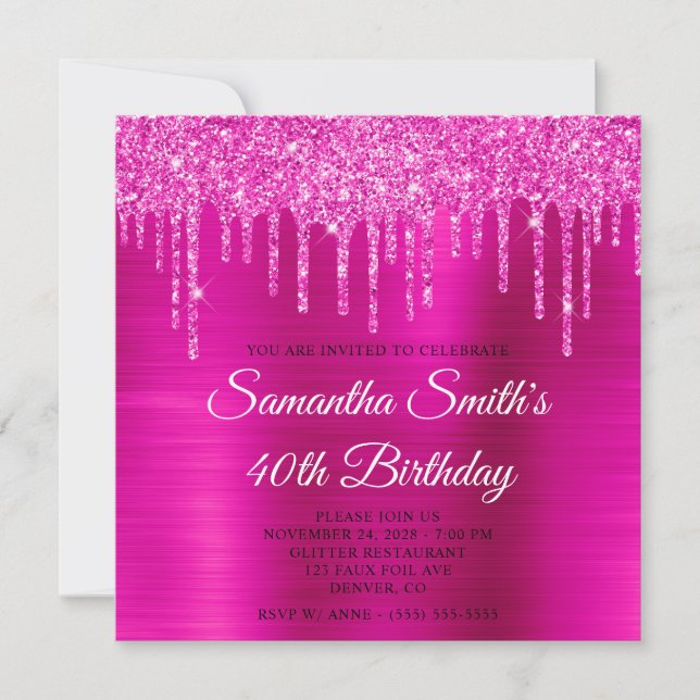 Invitation Magenta Parties scintillant Drips Hot rose Foil 40 (Devant)