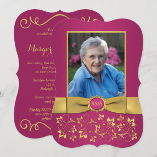 Invitation Magenta Pink, Gold 65th Photo Anniversaire Invitat
