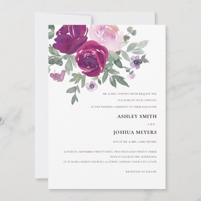 Invitation Magenta Pink Watercolor Floral Wedding (Devant)