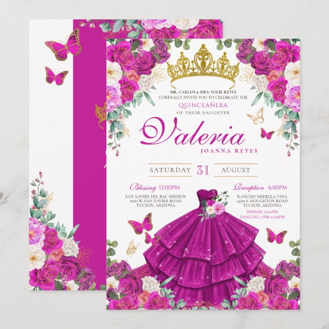Invitation Magenta Purple Papillon rose Princesse Quinceañera (Devant / Derrière)