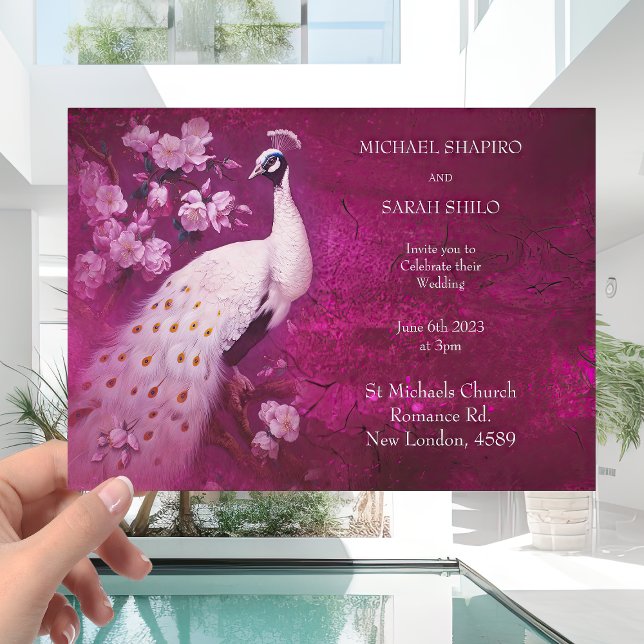 Invitation Magenta romantique moderne et Mariage Peacock blan (Créateur téléchargé)