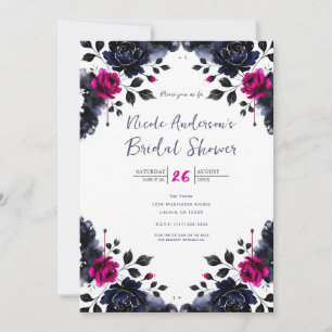 Invitation Magenta Rose Bleu Encre Floral Aquarelle Mariage