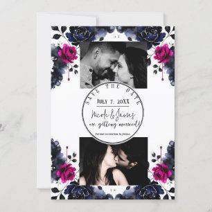 Invitation Magenta Rose Bleu Encre Florale Aquarelle Sauvegar