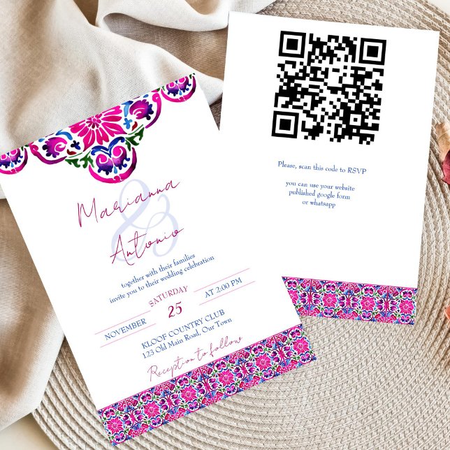 Invitation Magenta rose bleu Majolica tuiles espagnoles maria (Pink and blue watercolor Majolica Talavera tiles wedding editable template invitation download )