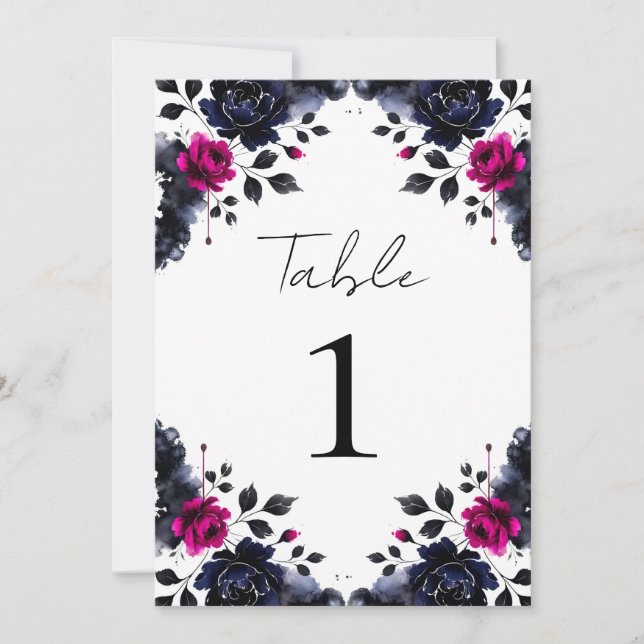 Invitation Magenta Rose & Blue Inky Floral Aquarelle Table (Devant)