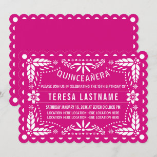 Invitation Magenta rose et blanc papillon picado Quinceañera
