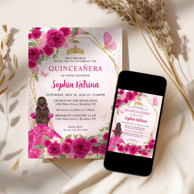 Invitation Magenta Rose Glam Or Floral Princesse Quinceañera (Créateur téléchargé)
