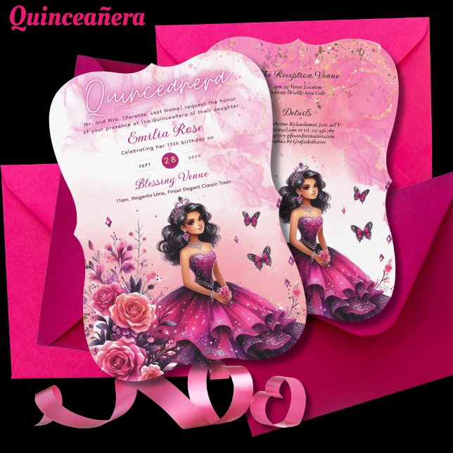 Invitation Magenta Rose Quinceanera robe papillons floraux (Créateur téléchargé)