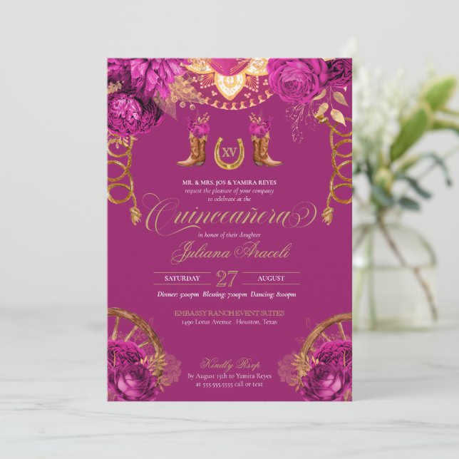 Invitation Magenta Roses roses Pays Quinceanera Ouest (Debout devant)
