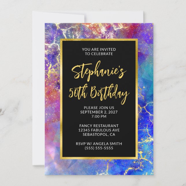Invitation Magenta Royal Blue Gold Fire Opal 50e anniversaire (Devant)