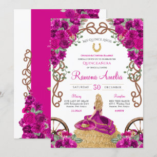 Invitation Magenta Western Charro Hot rose Floral Quinceañera