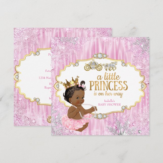 Invitation Magic Carriage Princess Baby shower rose ethnique (Devant / Derrière)