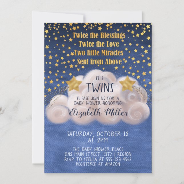 Invitation Magic Golden Stars Marine Blue Twins Baby shower I (Devant)