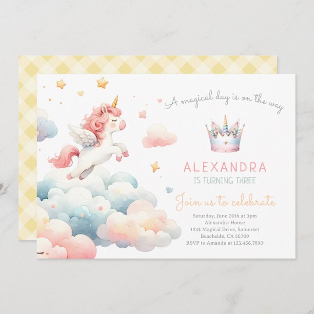 Invitation Magic Pastel Unicorn fête d'anniversaire (Devant / Derrière)