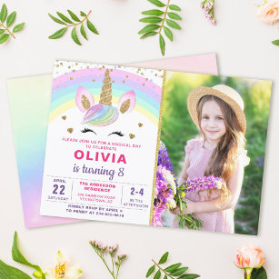 Invitation Magic Rainbow Gold Unicorn Girl Photo Anniversaire