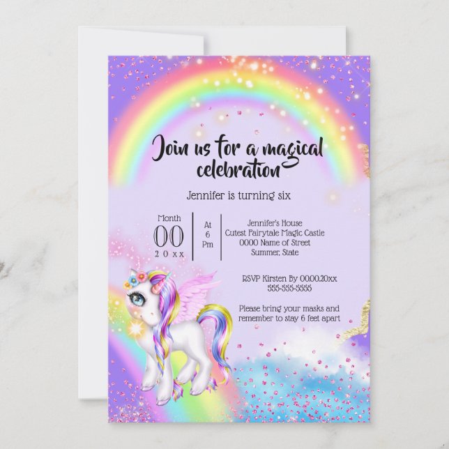 Invitation Magic unicorn ciel arc-en-ciel brillant fée poussi (Devant)