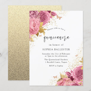 Invitation Magical Blush PInk Gold Flowers Quinceanera Party