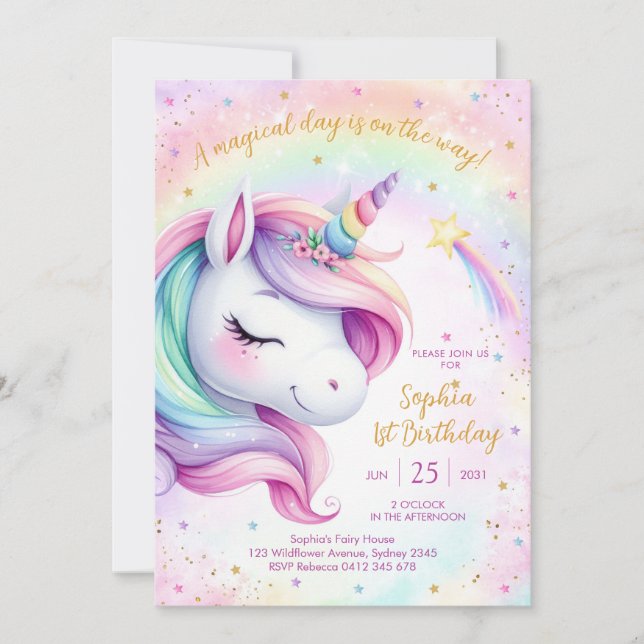 Invitation Magical Day Unicorn and Rainbows Birthday (Devant)