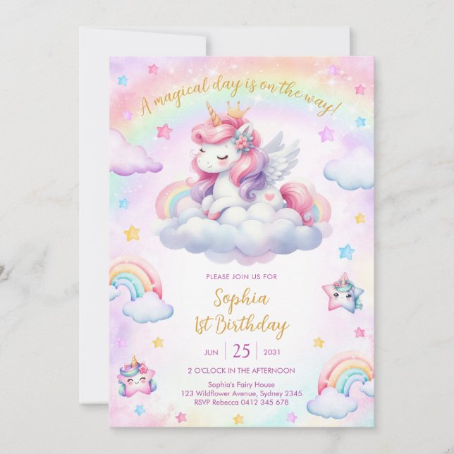 Invitation Magical Day Unicorn and Rainbows Birthday (Devant)