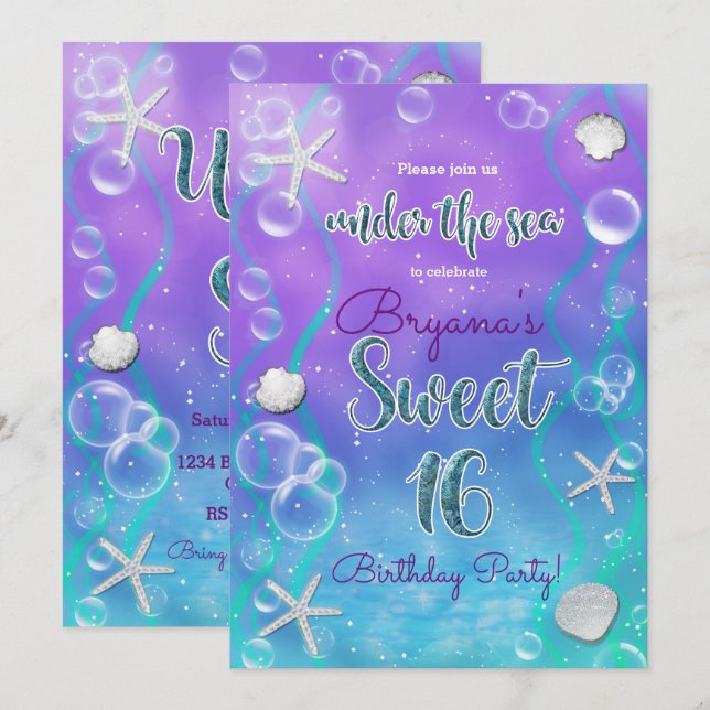 Invitation Magical Under The Sea Sweet 16 16e fête d'annivers (Devant / Derrière)