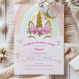 Invitation Magical Unicorn Moon Stars Fille anniversaire