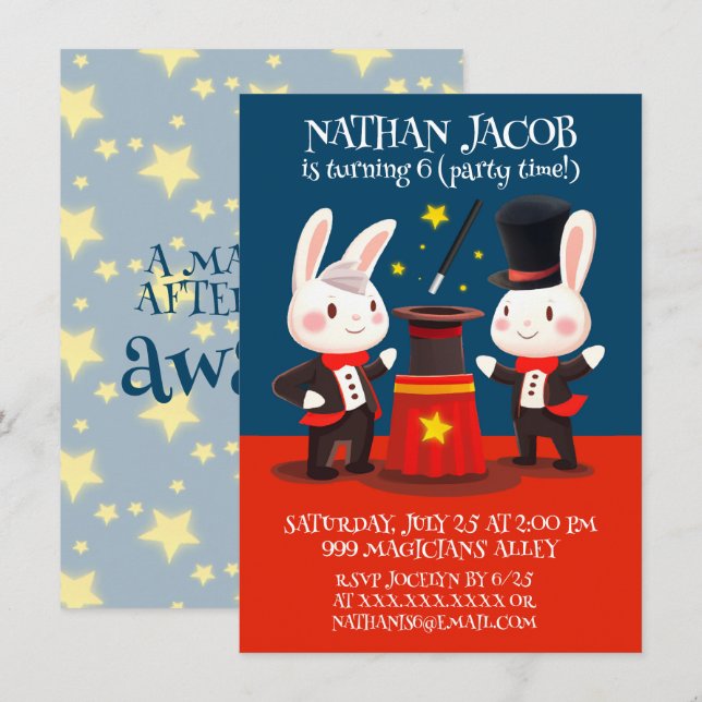 Invitation Magiciens de lapins mignons sur scène Anniversaire (Devant / Derrière)