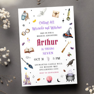 Invitation Magie aquarelle Anniversaire Sorciers et Sorcières