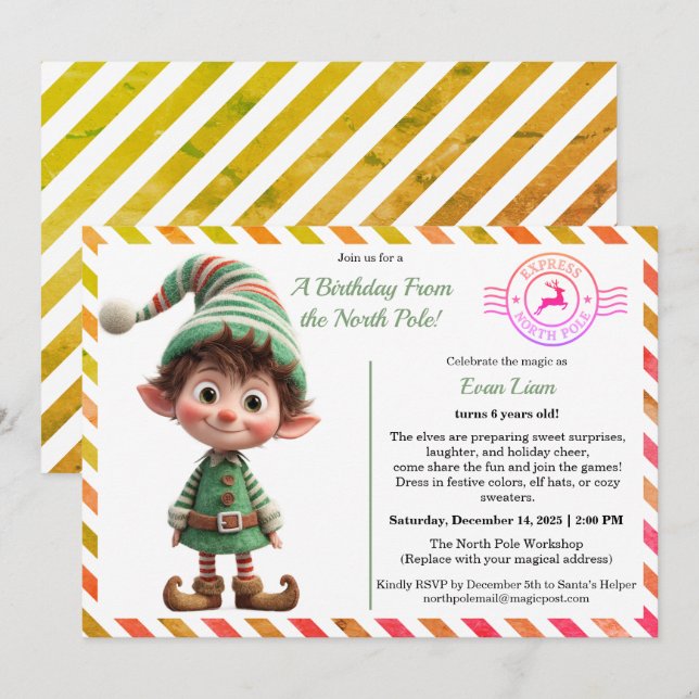 Invitation Magie d'anniversaire au Pôle Nord | Elfe enchanté (Devant / Derrière)